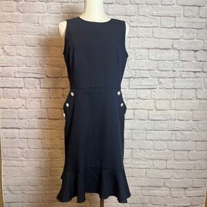 LOFT Women's Size 4 Navy Sleeveless Sheath Dress Flounced Hem | Workcore Chic